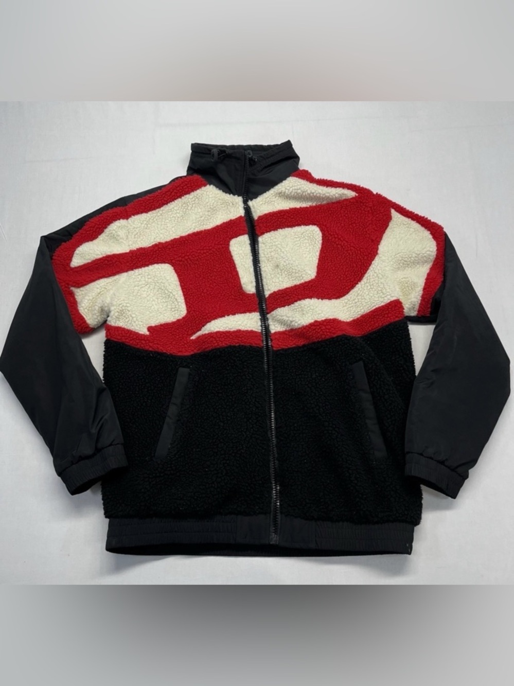 Men's Colorblock Zip-Up Sherpa Sweater Jacket - Red/White/Black